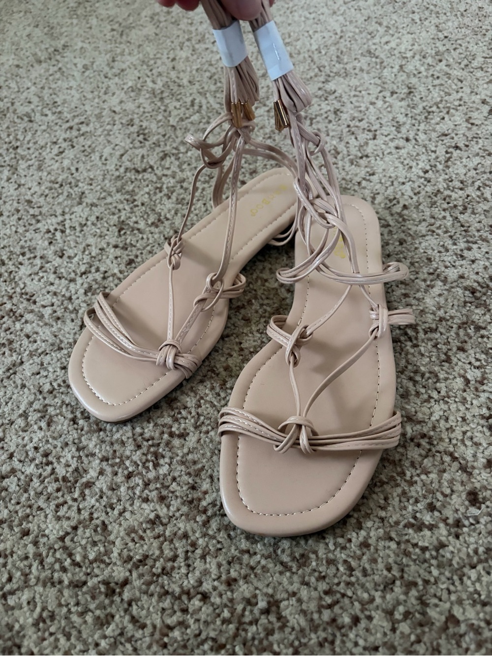 BAMBOO Nude Strappy Lace-Up Flat Sandals
